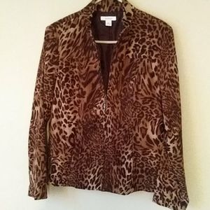 Dressbarn Animal Print Lined Zip Up Jacket Medium Tan Brown